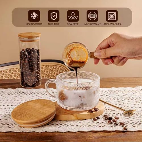 6 PACK Vintage Glass Coffee Mugs 14oz Clear Embossed Tea Cup Set with Bamboo Lids and Gold Spoons,Yogurt Bowl,kitchen gifts for women - Image 3