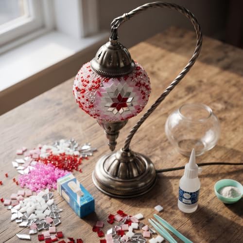 KRAFTSTORIES Turkish Mosaic Swan Neck Lamp Making Kit| DIY Colorful Glass Decorative Nightstand Table Light| Craft Kit |Make Your Own Lamp | Living Room Bedroom | Antique Bronze Base (Rose Garden) - Image 2