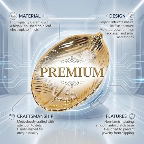 Gold Leaf Ceramic Jewelry Tray, Leaf Shaped Ring Catchall Tray 5.83 x 3.54 x 0.75 in for Bathroom Nightstand Decor - Image 3