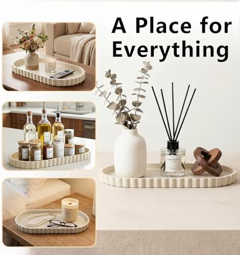 Silicone Bathroom Tray - 12''x5.3'' Oval Vanity Tray for Bathroom Countertop, Kitchen Countertop Tray with Scalloped Edge, Elegant Bathroom Holders and Organizers for Toilet Top, Bathtub Caddy, Beige - Image 5