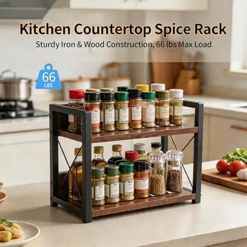 2-Tier Countertop Organizer, Iron-Wood Coffee Station Shelf, Heavy Duty Kitchen Counter Spice Rack for Coffee Bar, Pantry, Bathroom Storage(Brown) - Image 4