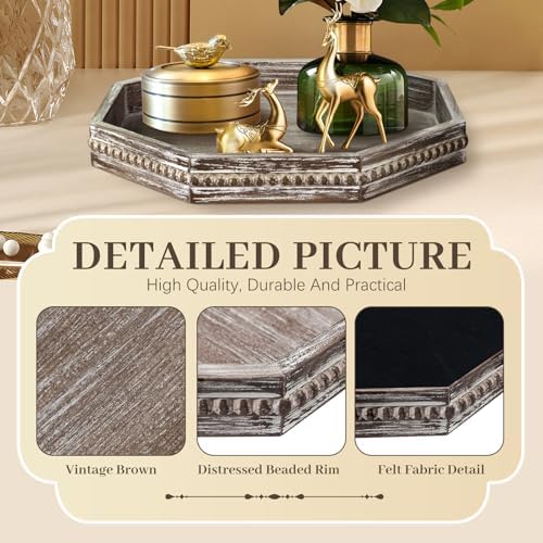 Wooden Decorative Tray, Small Serving Tray with Wood Bead, Farmhouse Big Tray for Ottoman, Countertop, Coffee Tabl, 13" x 13"x 1.6" (Retro Brown) - Image 6