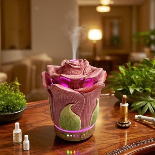 Ceramic Hand-Painted Rose Essential Oil Diffuser ，80 ml Timers Night Lights and Auto Off Function Home Office Humidifier (Rosered) - Image 2