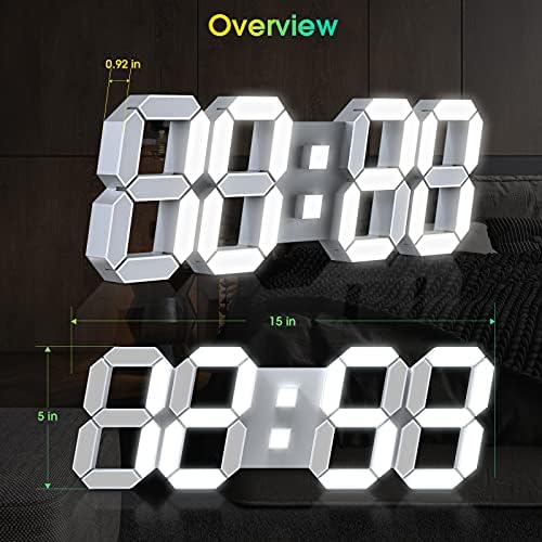 15" 3D LED Digital Wall Clock, Large Decor Wall Clock, White - Image 2