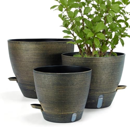 ZMTECH 12/10/8 in Self Watering Pots for Indoor/Outdoor Plants, Gold Bronze Large Plastic Planter with Water Level Indicator, Drainage Hole & Removable Saucer for Garden Flowers, Deco Plant Container by HighQualityGardeningTools