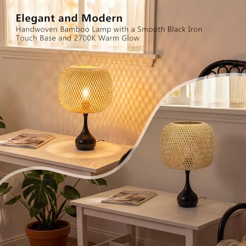 ONEWISH Touch Bedside Lamp for Bedroom, 3-Way Dimmable Table Lamps for Nightstand, Handwoven Bamboo Shade Desk Lamp for Living Room, Home Office - Image 4