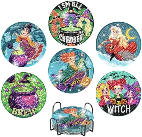 6 Pcs Diamond Paintings Coasters Kits with Holder, DIY Halloween Coaster Diamond Art Kits, Full Drill Rhinestone Painting Kits for Adults, Beginners Art Craft Supplies by tigdtiu