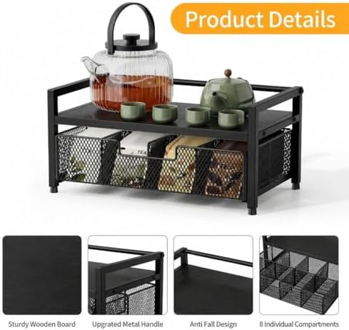 Tea Bag Organizer, Tea Bag Holder with Drawer, Wood and Metal Tea Organizers and Storage Chest for Countertop Kitchen, Office, Black - Image 2