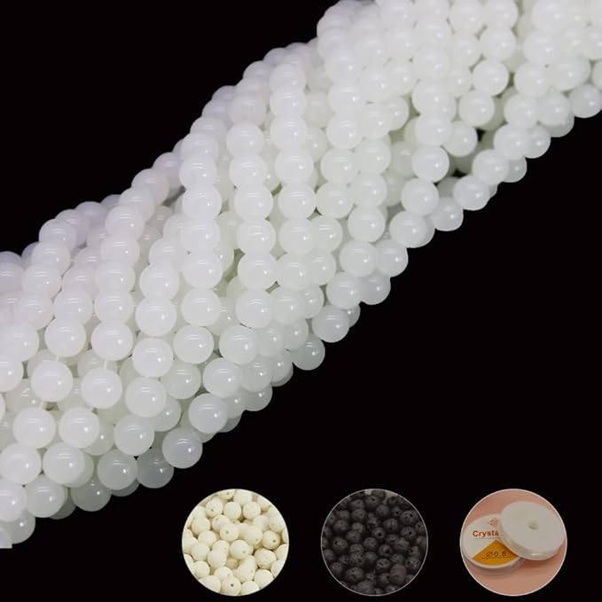 Pamir Tong 600PCS 8mm White Glass Round Beads Bulk-Imitative Jade Beads-Bracelet Loose Beads for Jewelry Making Earring, Necklaces, and DIY Crafts