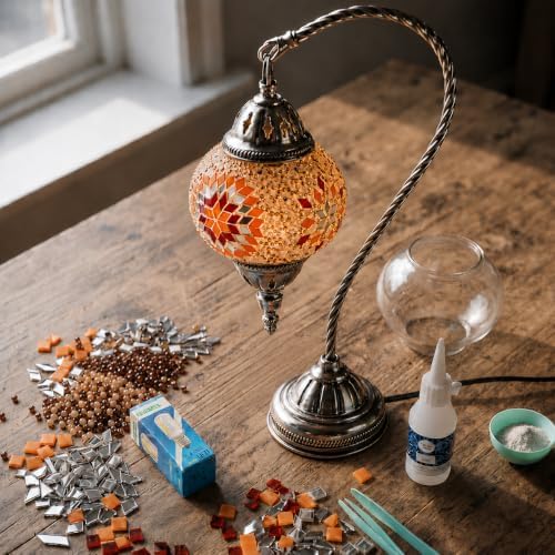 KRAFTSTORIES Turkish Mosaic Swan Neck Lamp Making Kit| DIY Colorful Glass Decorative Nightstand Table Light| Craft Kit |Make Your Own Lamp | Living Room Bedroom | Antique Bronze Base (Sunset) - Image 6