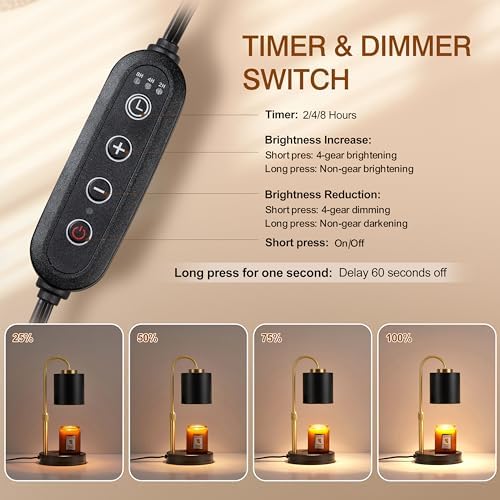 CASTLELIFE Candle Warmer Lamp with Timer & Dimmer, Height Adjustable Electric Wax Melt Warmer for Jar Candles, Gifts for Mom Home Decor, Black Gold - Image 3