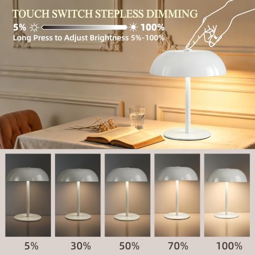 2 Pack Portable LED Mushroom Table Lamp, 12H Cordless Metal Night Light with Rechargeable Battery, Stepless Dimmable 3 Colors Desk Lamp for Bedroom Bar Coffee Shop(White) - Image 3