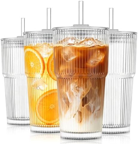 KEMORELA 20oz Ribbed glass cups with lids and straws, Iced Coffee Cups by KEMORELA