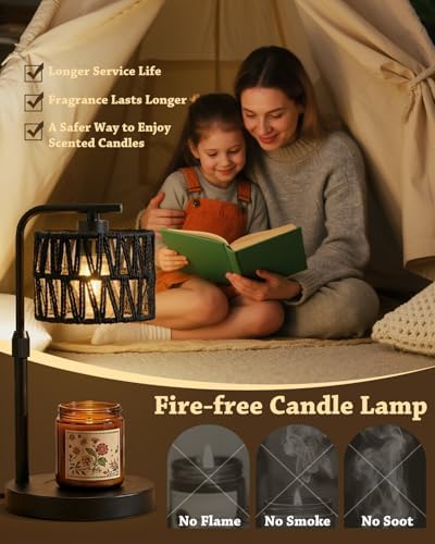 Candle Warmer Lamp, Timer Dimmable Candle Lamp, Adjustable Height and Brightness Candle Warmer, Black Boho Rattan Lampshade and 2 Bulbs, Suitable for Home Decor, Birthday Gifts for Women Mom - Image 4