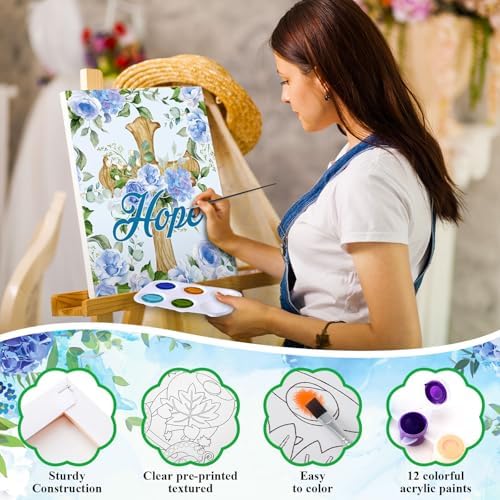 Humyoun 8 Sets 8" x 10" Inspirational Cross Pre Drawn Canvas to Paint for Sip and Paint Party Religious Predrawn Coloring Set Pre Sketched Canvas Boards with Paints and Brushes for Adult - Image 3