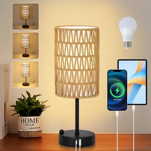 Touch Table Lamp For Bedroom with Bulb, Boho Small Desk Lamp For Living Room With Rattan & Linen Shade, 3 Way Dimmable Bedside Table Lamp For Nightstand With USB Charging Port & Phone Stand For Office by LightingFixtures