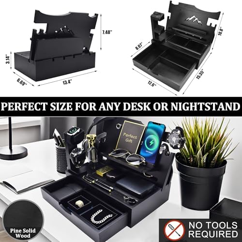 Nightstand Organizer for Men with Large Drawer Gift for Men, Black - Image 4