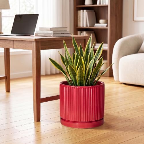 10 Inch Ceramic Planter, Round Flower Pots with Saucer, Red - Image 3