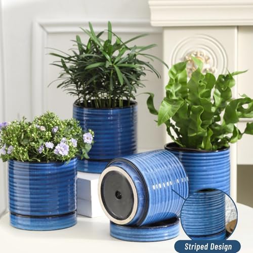 HASENSE Ceramic Plant Pots with Saucers Set of 4, 4.6 Inch Planters for Indoor Plants with Drainage Holes,Blue Flower Pots for Snake Plants & Cactus, Modern Farmhouse Windowsill & Tabletop Decor - Image 4