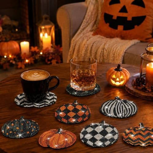 8 Pack Halloween Pumpkin Diamond Painting Coasters with Holder DIY Kit - Image 6