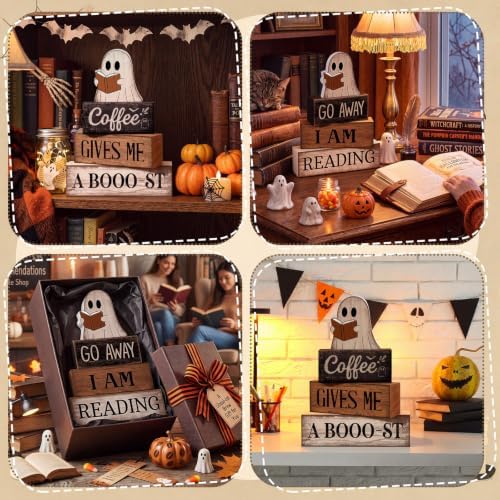 Moucuny 4 Pcs Halloween Table Decor Wooden Ghost Reading Stacked Block Sign - Image 5