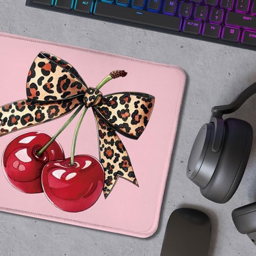 Girly Leopard Bow Cherry Mouse Pad, Trendy Funky Preppy Pink Cherry Bow Aesthetic Mouse Pads Mousepad for Work Gaming Computers Laptop Desk Accessories, 9.5x7.9 Inch - Image 5