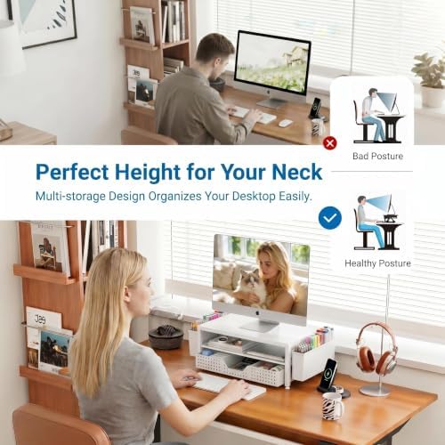 OPNICE Desk Organizers and Accessories, Computer Monitor Stand Riser with Drawer and 2 Pen Holders, Printer & Laptop Stand, Office Desk Accessories & Workspace Organizers for Home Office Supplies, White - Image 3