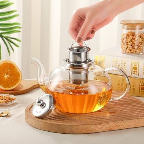 50OZ/1500ML Glass Teapot with Stainless Steel Removable Infuser & Lid, Stovetop & Microwave Safe Clear Borosilicate Glass Tea Maker Water Kettle for Loose Leaf Blooming Tea - Image 4