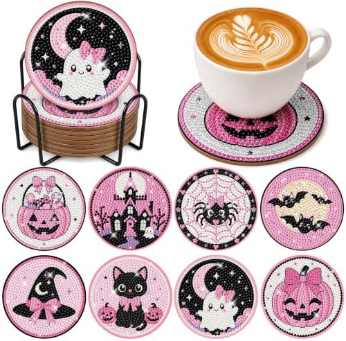 8 Pcs Halloween Diamond Art Coasters Cute Pink Gothic Cat Diamond Art Painting Coasters with Holder DIY Crafts Kits for Halloween Party Decor Gift by Demonwer