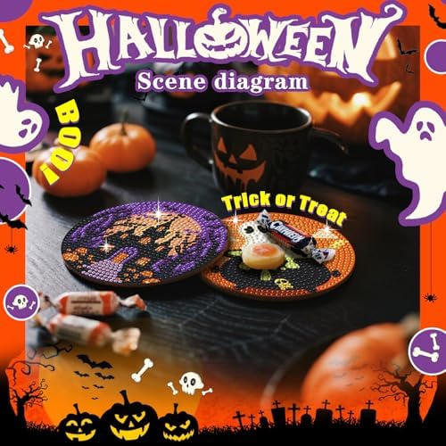 Leatrice 6 PCS Halloween Diamond Art Coasters Kits 4 in Trick or Treat - Image 6