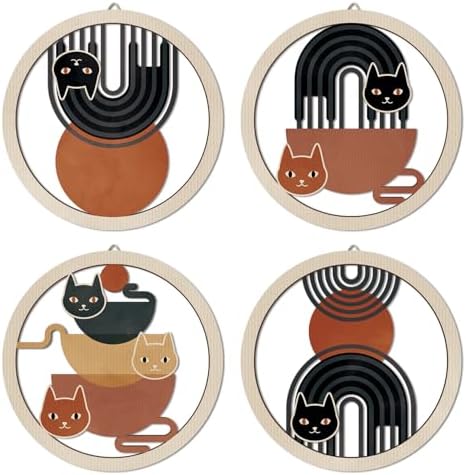 HPNIUB Boho Black Cat Wall Decor, Farmhouse line Geometric Coffee Tea Hanging Wooden Wall Art, 4 Pieces 10''x10'' Mid Century Abstract Sun Wood Sign for Nursery Bedroom Decoration, Lovely Cat Gifts by HPNIUB
