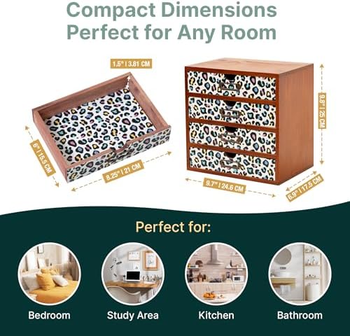 Colorful Leopard Print Wooden Desk Organizer - 4-Drawer Desktop Storage Cabinet for Office Supplies, Craft Tools & Home Organization - Trendy Wood Design for Crafters, Art Enthusiasts, Students - Image 2