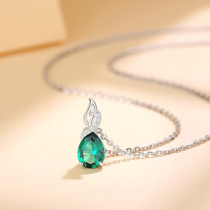 FANCIME 14K Solid White Gold Teardrop Pendant with Diamond Birthstone Necklace