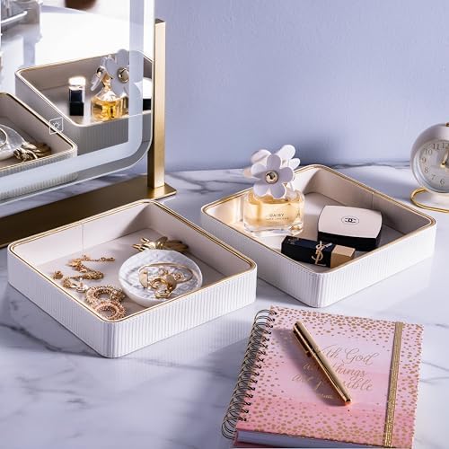 2 Pack White Catch All Trays for Jewelry| Small Leather Valet Tray| Key Bowl for Entryway Table EDC Trinket Tray CatchAll| Perfume Trays for Dresser Organizer Perfume Holder (Set of 2) - Image 4