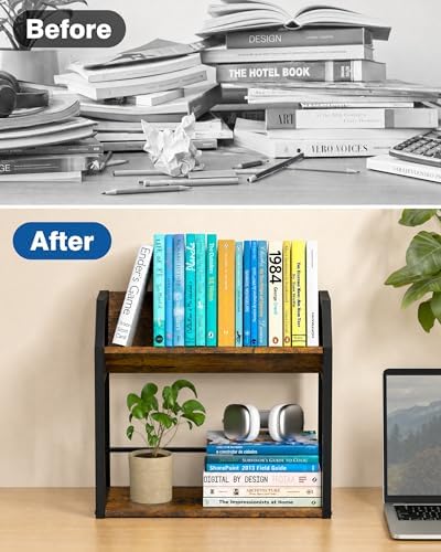 Desktop Bookshelf, Wooden Desk Shelf Organizer, Brown - Image 7