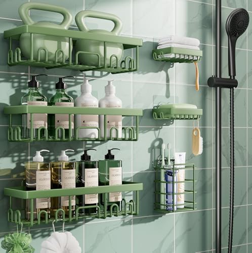 Veken Rustproof & Waterproof Shower Caddy 6-Pack, No Drilling Adhesive Shelves Rack with Soap Holder, Large Capacity Bathroom Organizers and Storage, Wall-Mounted Kitchen & Home Decor, Green by Veken