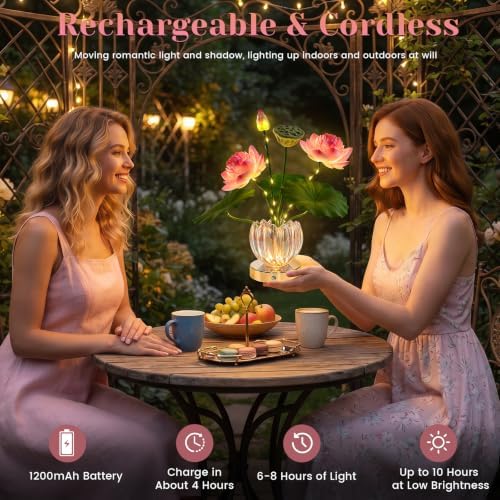 Flower Table Lamp, 3 Color Lotus Night Light, Rechargeable Cordless Touch Dimming Artificial Flower Light, LED Flower with Glass Vase Lamp for Girls Women Mom (Pink Lotus) - Image 5