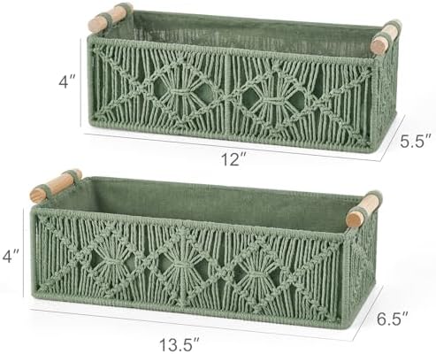 Mkono 2Pc Macrame Storage Basket, Boho Decor Toilet Paper Organizer, Green - Image 6