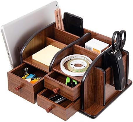 Liry Products Brown Wooden Desk Organizer Multiple Compartments 3 Drawers Slots 2 Shelves Racks Holder Office Supplies Caddy Tabletop Storage Desktop Stationery Accessory Sorter Home Kitchen - Image 3