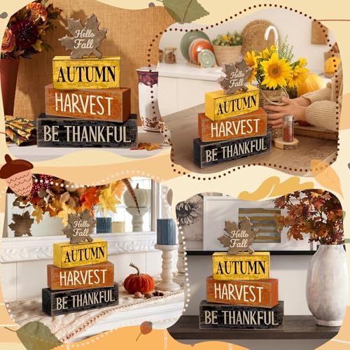 Moucuny 4 Pcs Fall Decor Wooden Maple Leaf Thanksgiving Tiered Tray Decor - Image 5