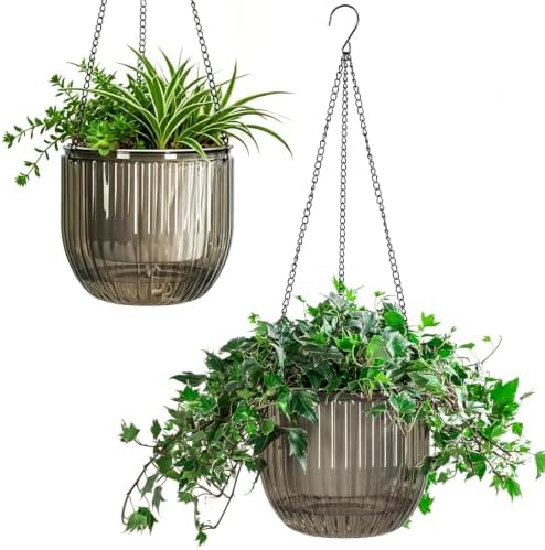 Melphoe 2 Pack Self Watering Hanging Planters Indoor Flower Pots, 8.3 Inch Outdoor Hanging Basket, Plant Hanger with 3Hooks Drainage Holes for Garden Home (Gray) by Melphoe