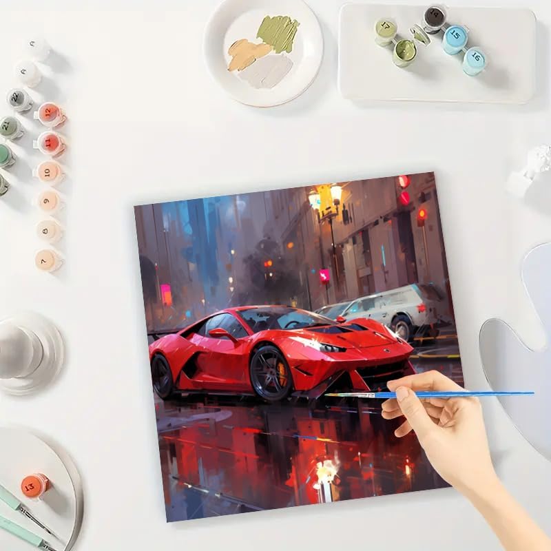 Vehicle Urban Digital Painting Kit for Adults - DIY Red Sports Car at Night Oil Painting on Canvas 7.87x7.87In, Framed Acrylic Paint Kit, Good for Beginners, Cityscape Home Decor or Gift Artwork - Image 3