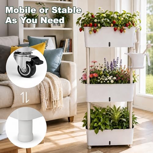 3-Tier 46.7"H Rolling Raised Garden Bed with Wheels, Self Watering Planter Box with Visible Water Level, Gray Rustproof Plastic Herb & Strawberry Planter for Indoor Outdoor Vegetables Flowers, DIY Kit - Image 6