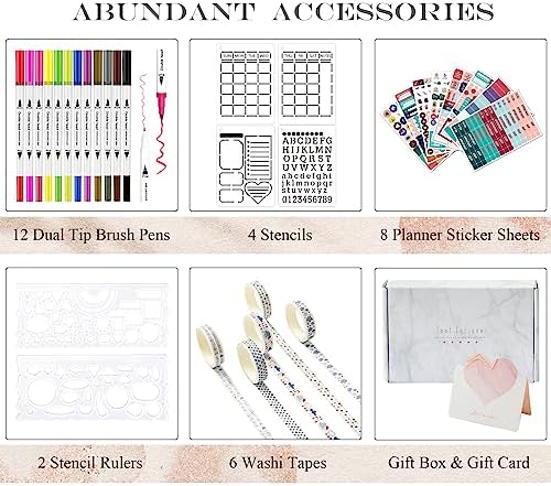 Y&I Bullet Dotted Journal Kit, A5 Hardcover Dotted Journal Notebook with 184 Numbered Pages, 120GSM Thick Paper, Stencils Stickers Pens Washi Tapes, Dotted Journaling Kit for Beginners (Brown) - Image 4
