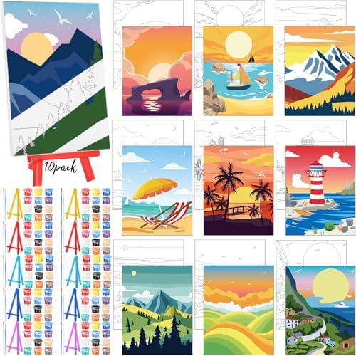 Blosssound 10 Set Pre Printed Canvas Pre Drawn Canvas Painting with Easel Kits 5" x 7" Outline Painting Panels for Beginners, DIY Craft Project, Home Decors(Summer) by Blosssound