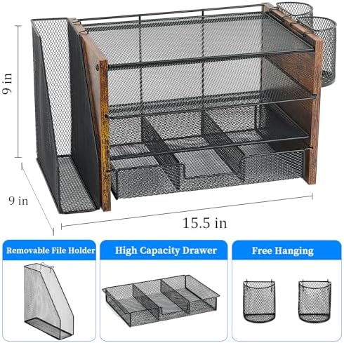 OPNICE Desk Organizer, 4-Tier Desktop File Organizer with Drawer and Pen Holders, Office Desk Accessories, File Sorters, Workspace Organizers for Office Supplies(Brown Wood) - Image 3