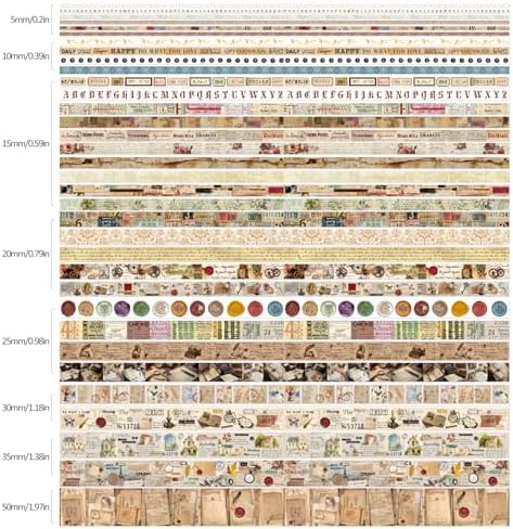 34 Rolls Vintage Washi Tape Set,Letter Map Stamp Stripe Literature Art Writable Aesthetic Washy Decorative Tapes for Scrapbooking, Junk Journal Supplies, Bullet Journaling 5-50mm Wide (3m Long)/Roll - Image 3