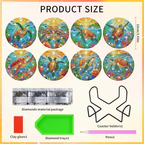 CRASHOT Sea Turtle Diamond Art Painting Coasters Kit with Holder, 8 Pcs - Image 2