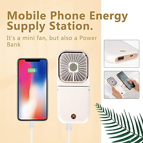 Portable Mini Fan Small Battery Operated Fan 5 in 1 as Power Bank,Phone Holder,Handheld Fan,Desk Fan, USB Rechargeable Personal Hand Fans,3000 mAh Power Bank,3 Speed Adjustable, Neck lanyard, White