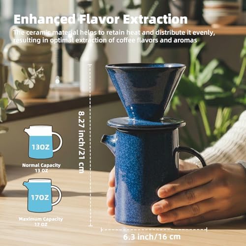 Pour Over Coffee Maker, Ceramic Pour Over Coffee Dripper Set With 20 Paper Filters, 16.5oz/500ml (Royal Blue, V02) - Image 3